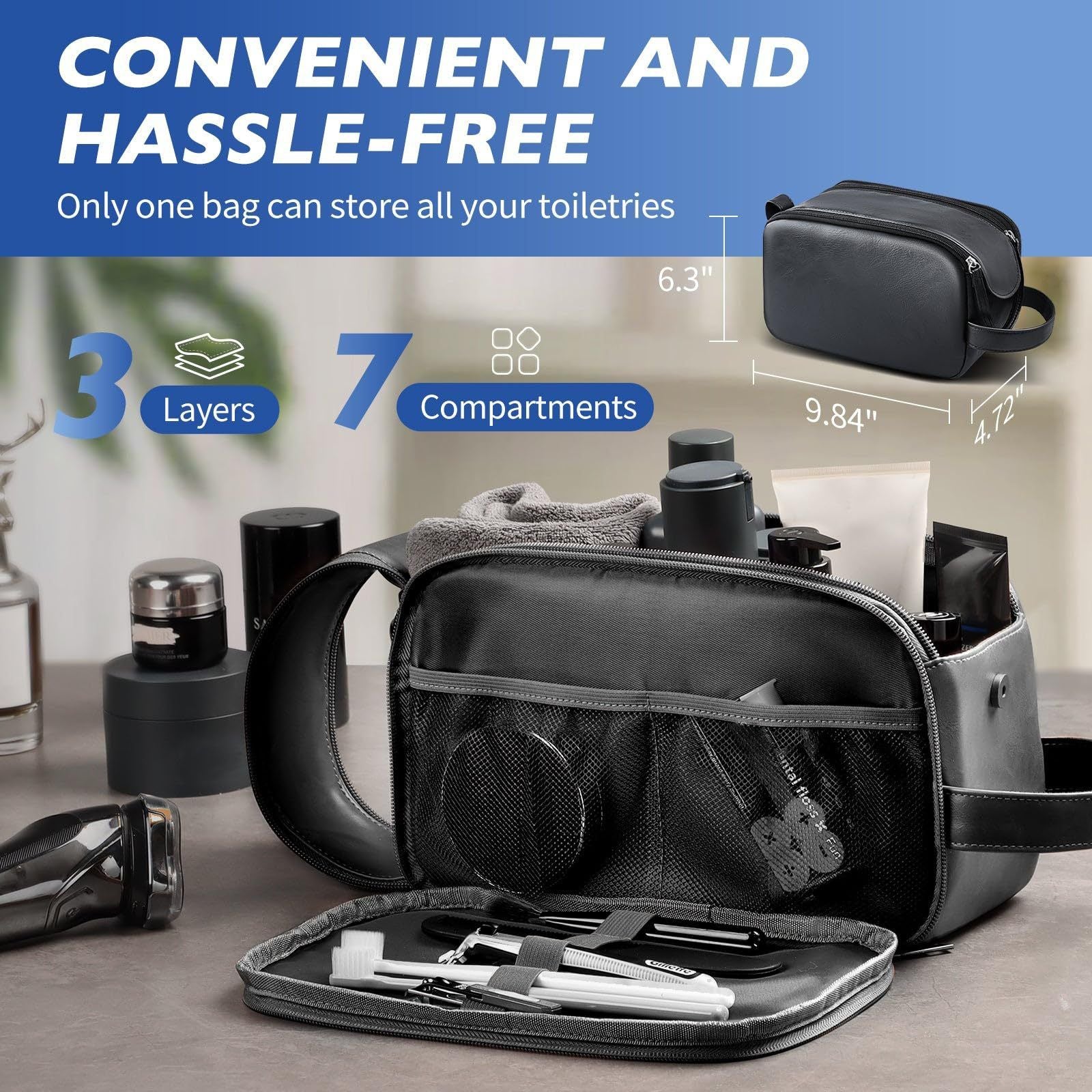 Men's Waterproof Travel Toiletry Bag with Brush Compartment