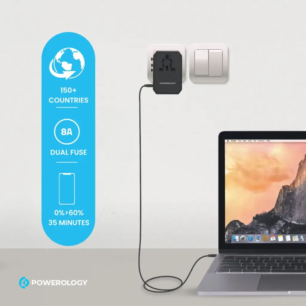 Powerology Universal Travel Adapter 45W PD Fast Charge, 3× USB-A + USB-C, Global Plug, Black