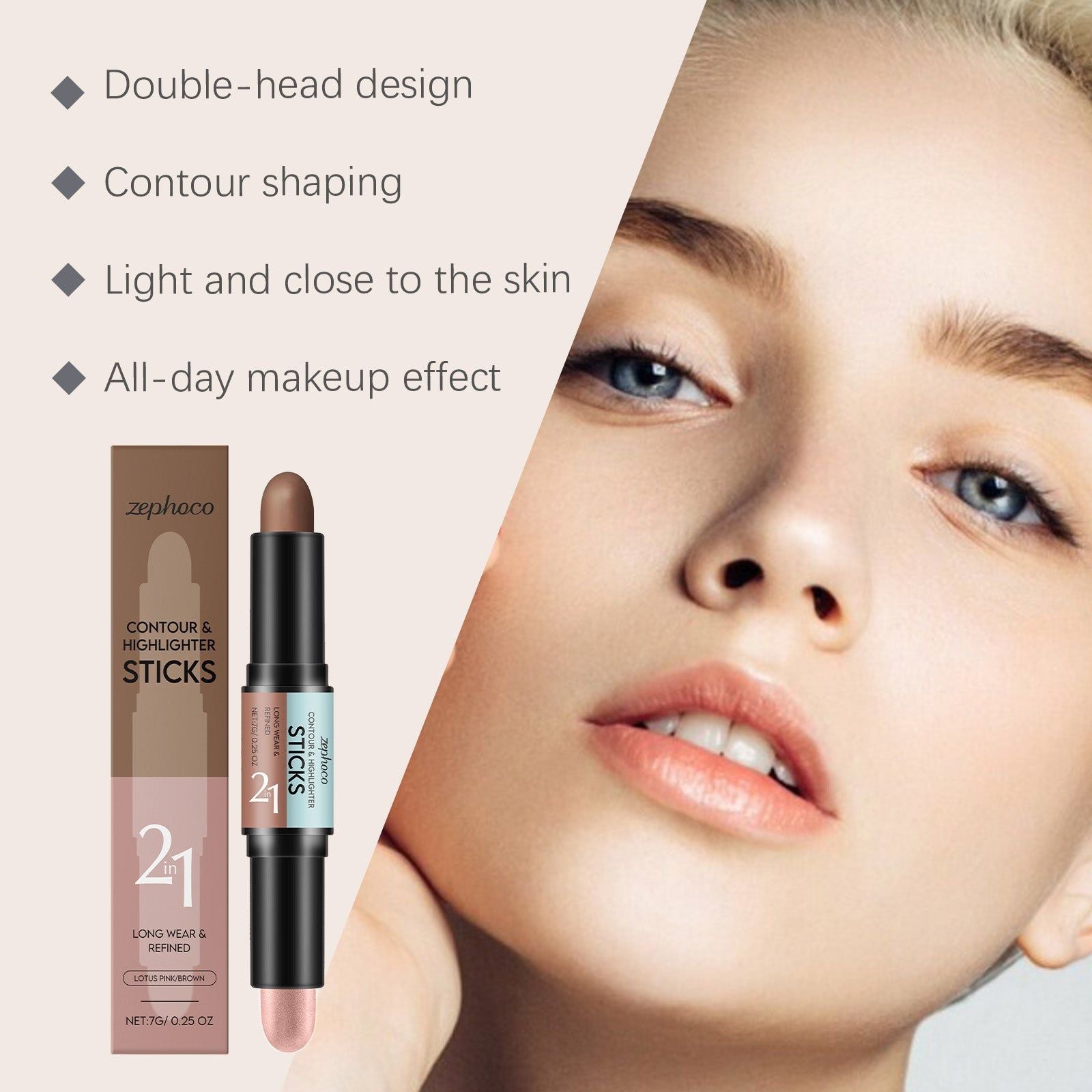 2-in-1 Makeup Contour Stick, Brightening Highlighter, Dual-Head, Easy Glam ,7g