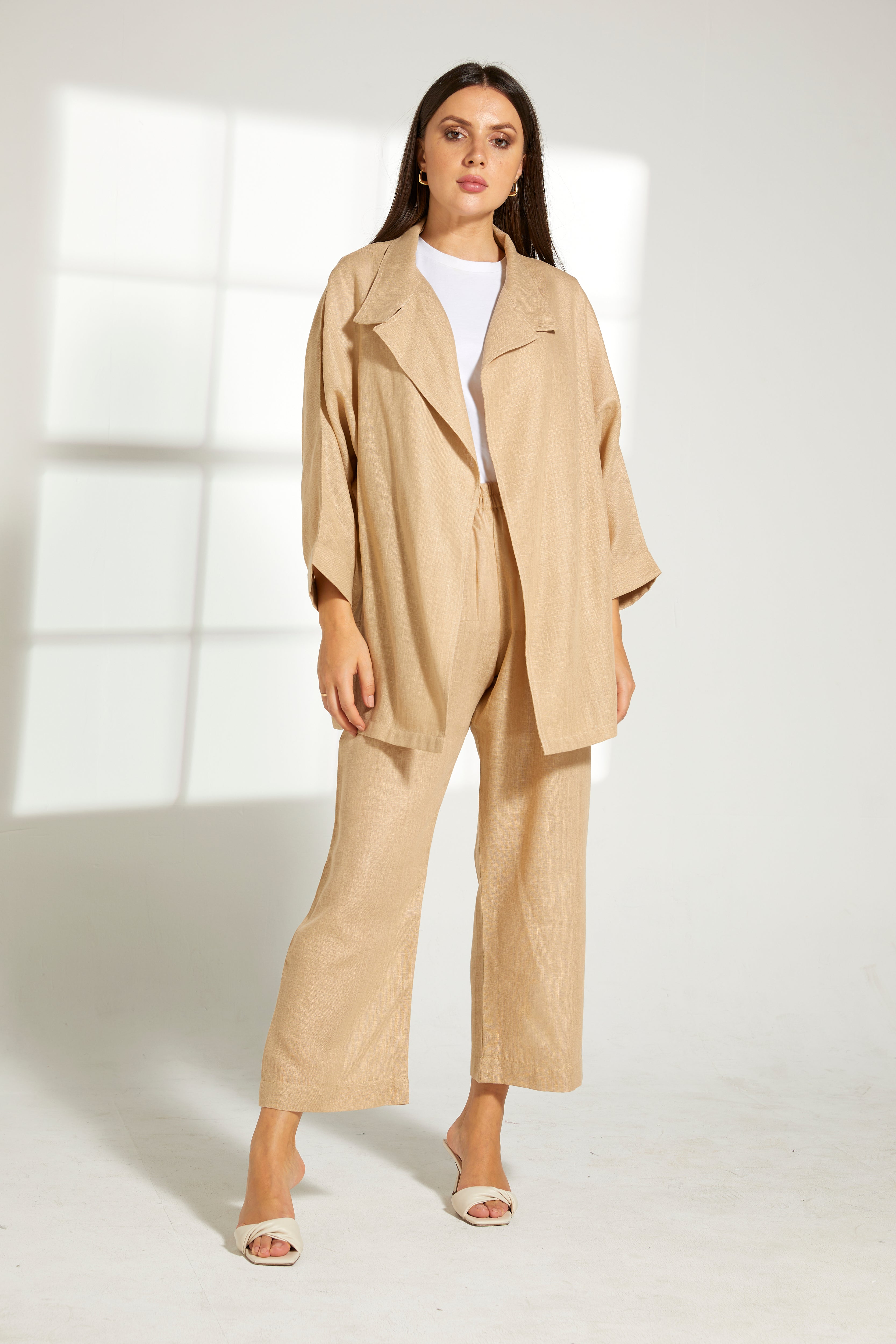 MOiSTREET Tan Linen Fabric Top and Pants Set