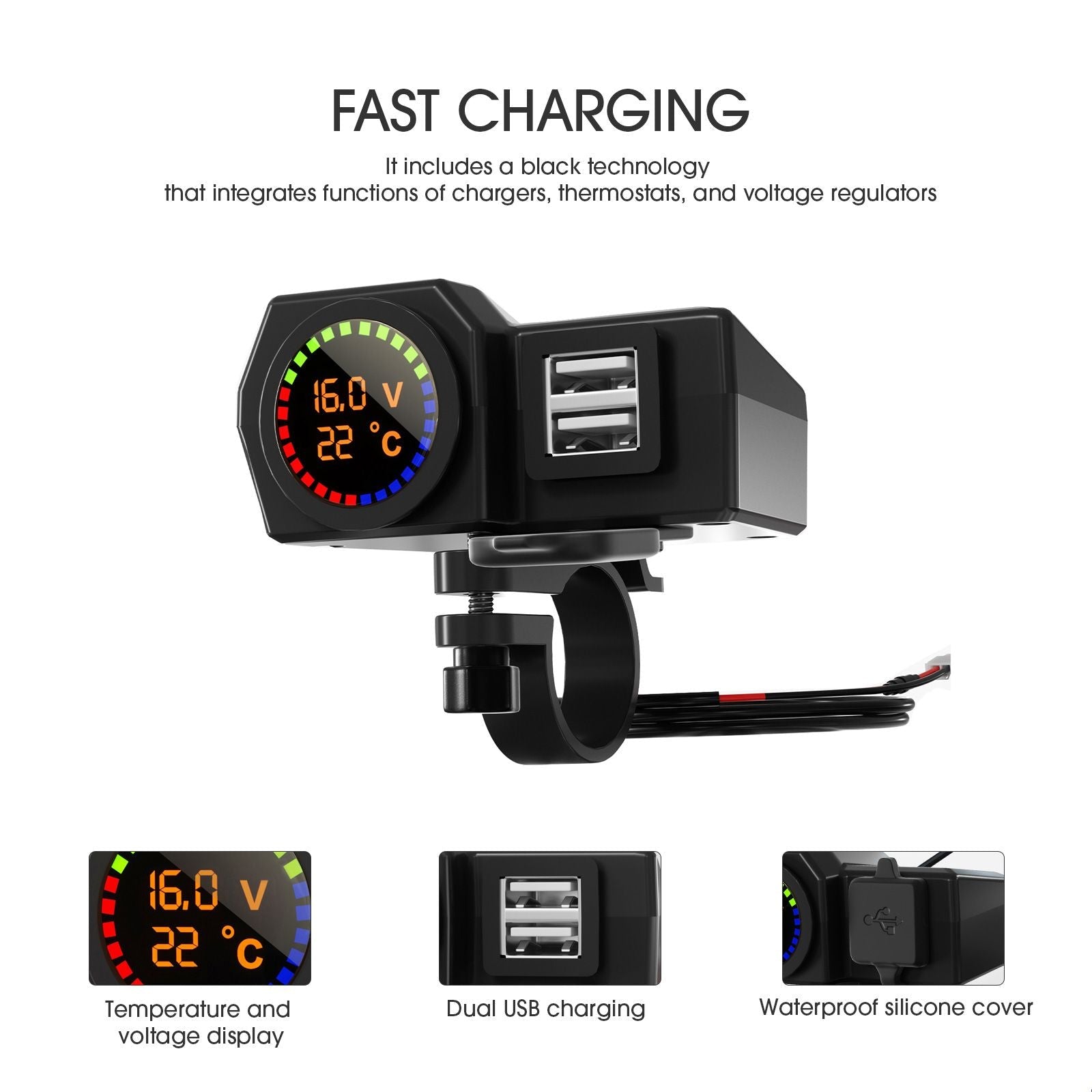 Motorcycle Phone Charger Dual Port Charging Adapter With Temperature Voltage Display
