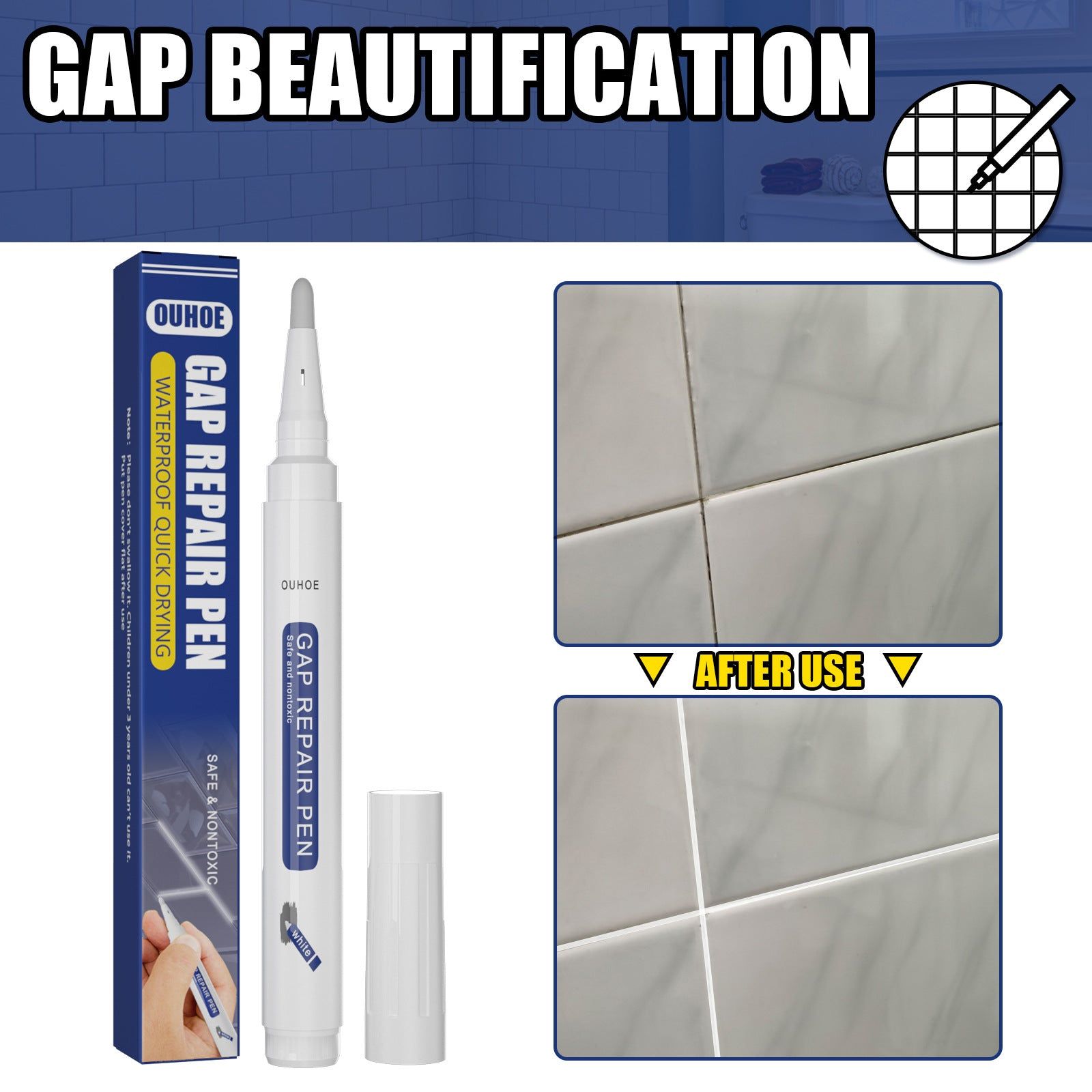 Beautify Tile Seam Pen, Waterproof Mildew Resistant, Easy Tile Repair Tool ,8g
