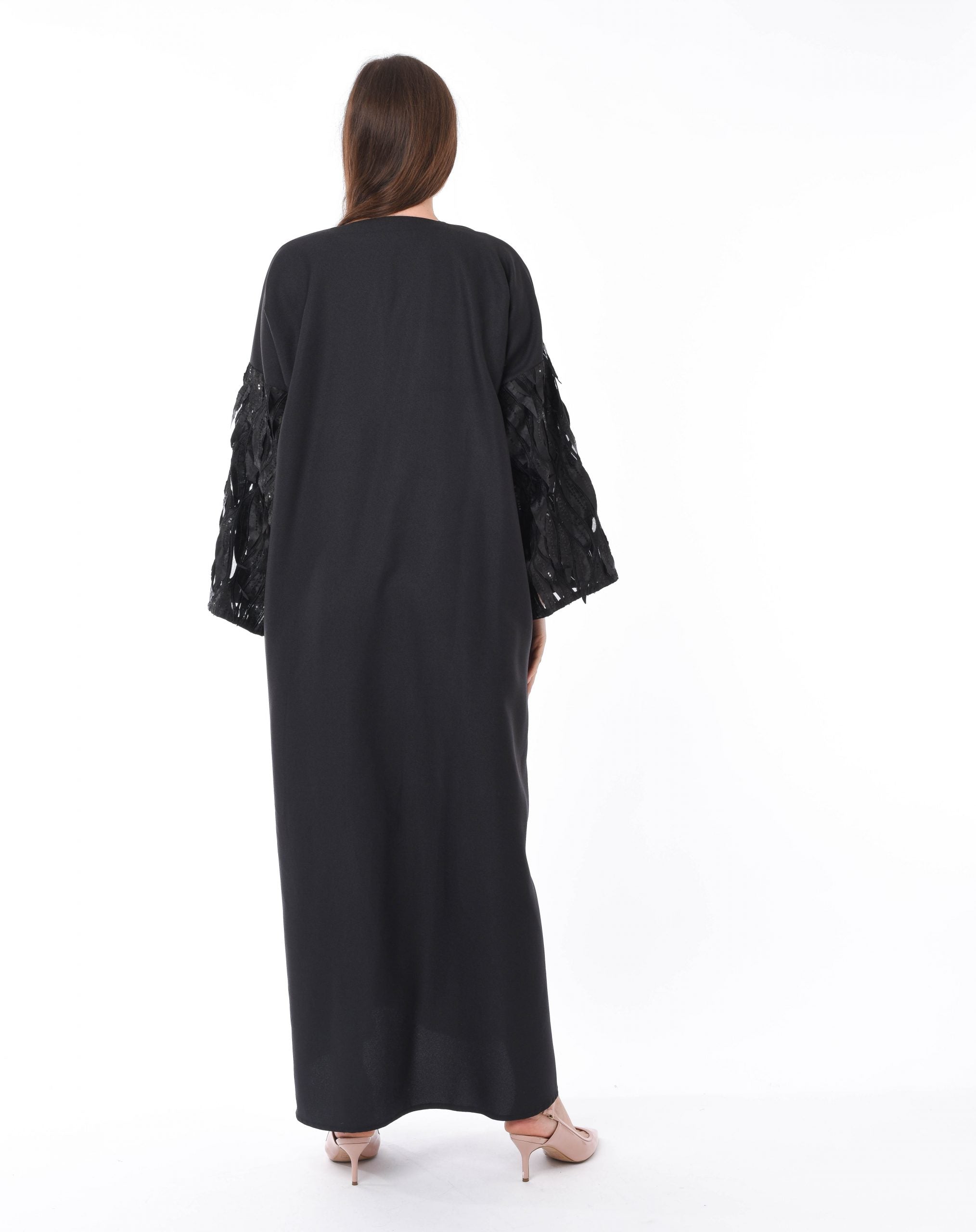 MOiSTREET Black Designer Abaya with Hanging Leaves Sleeves