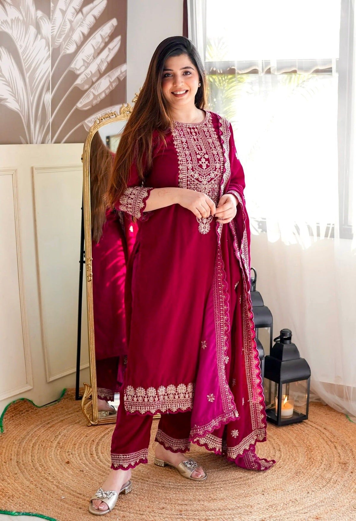Fab Zone Designer Party Wear Look Velvet Top -Pent And Dupatta