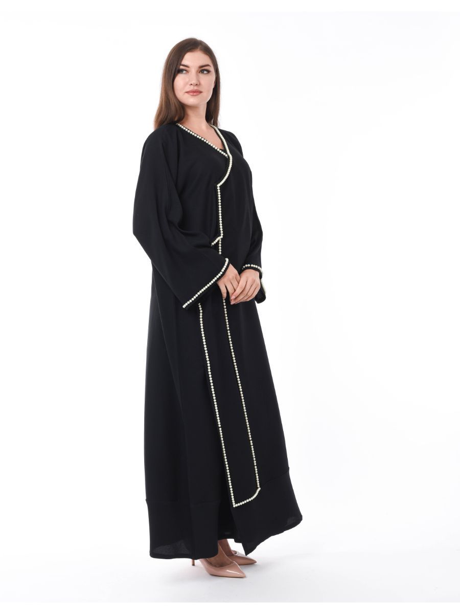 MOiSTREET Black Abaya with Hand Pearl Work