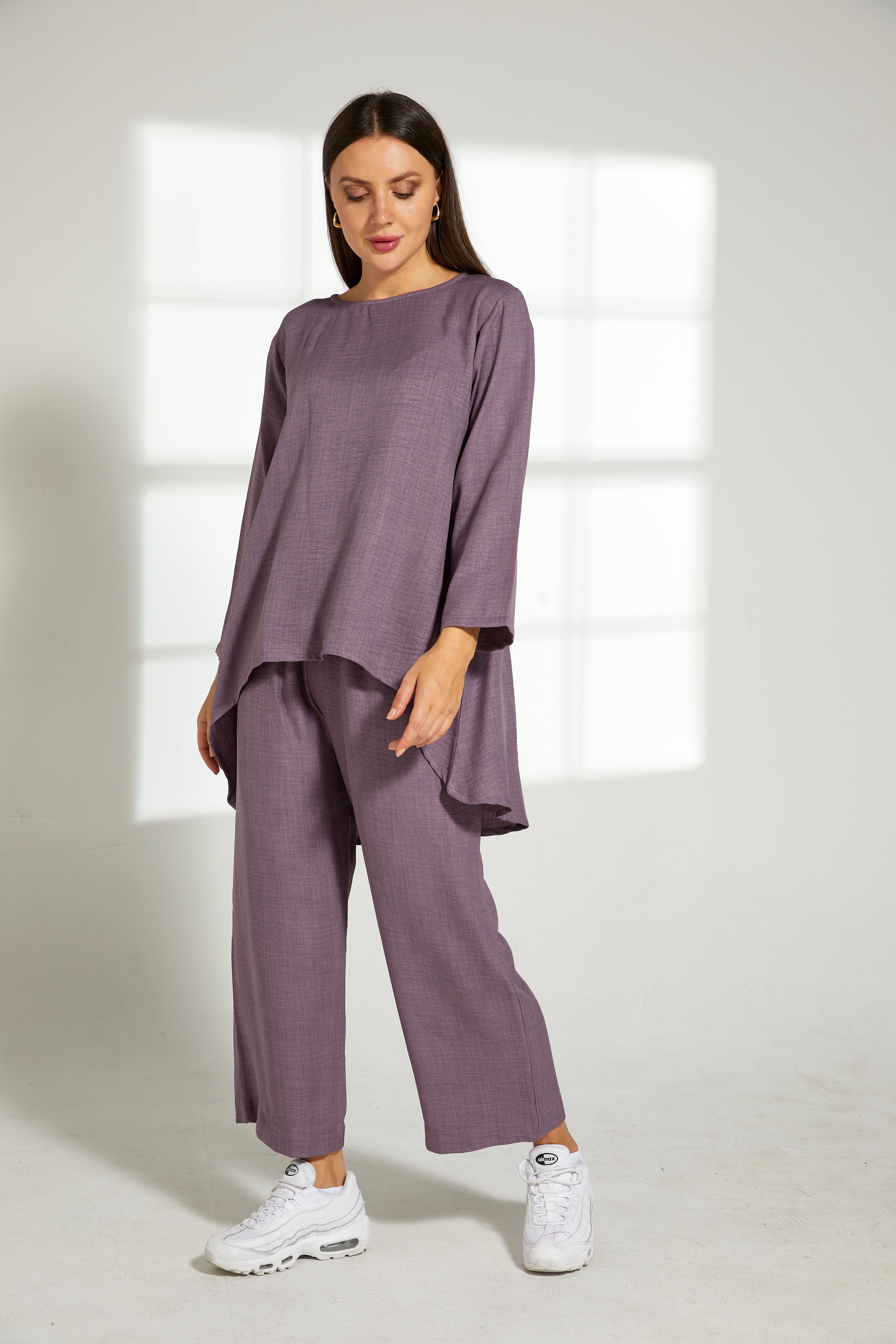 MOiSTREET Purple CEY Mélange Fabric Top And Pants set