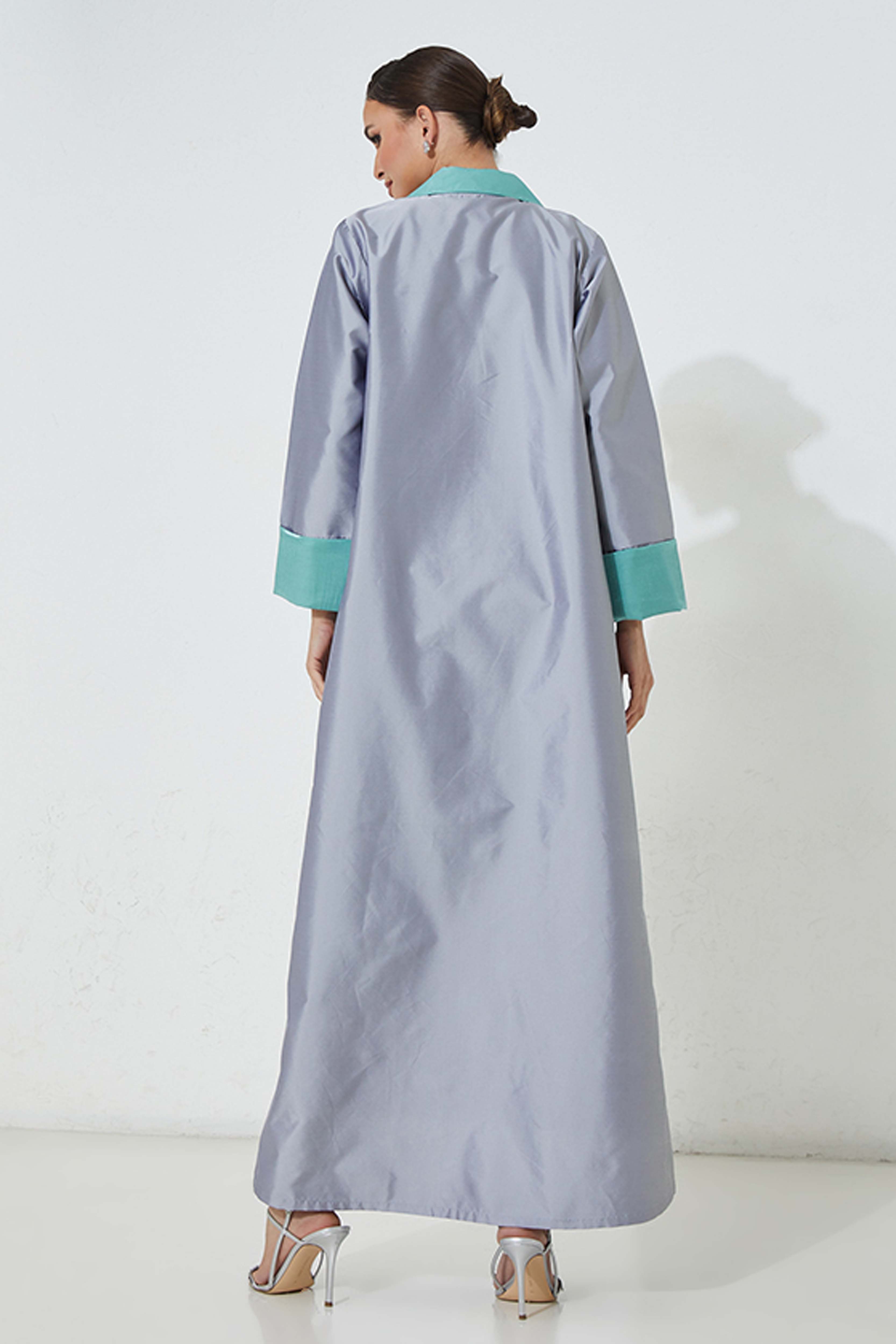 MOiSTREET Grey Victoria Satin Abaya With Handwork
