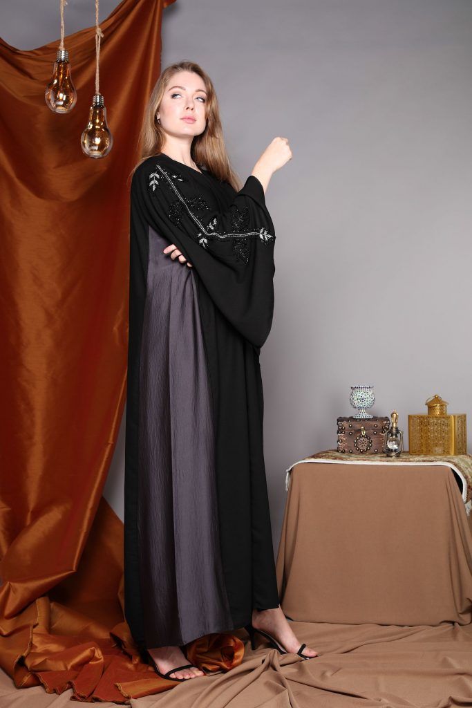 MOiSTREET Black Abaya With Hand Embroidered Sleeves