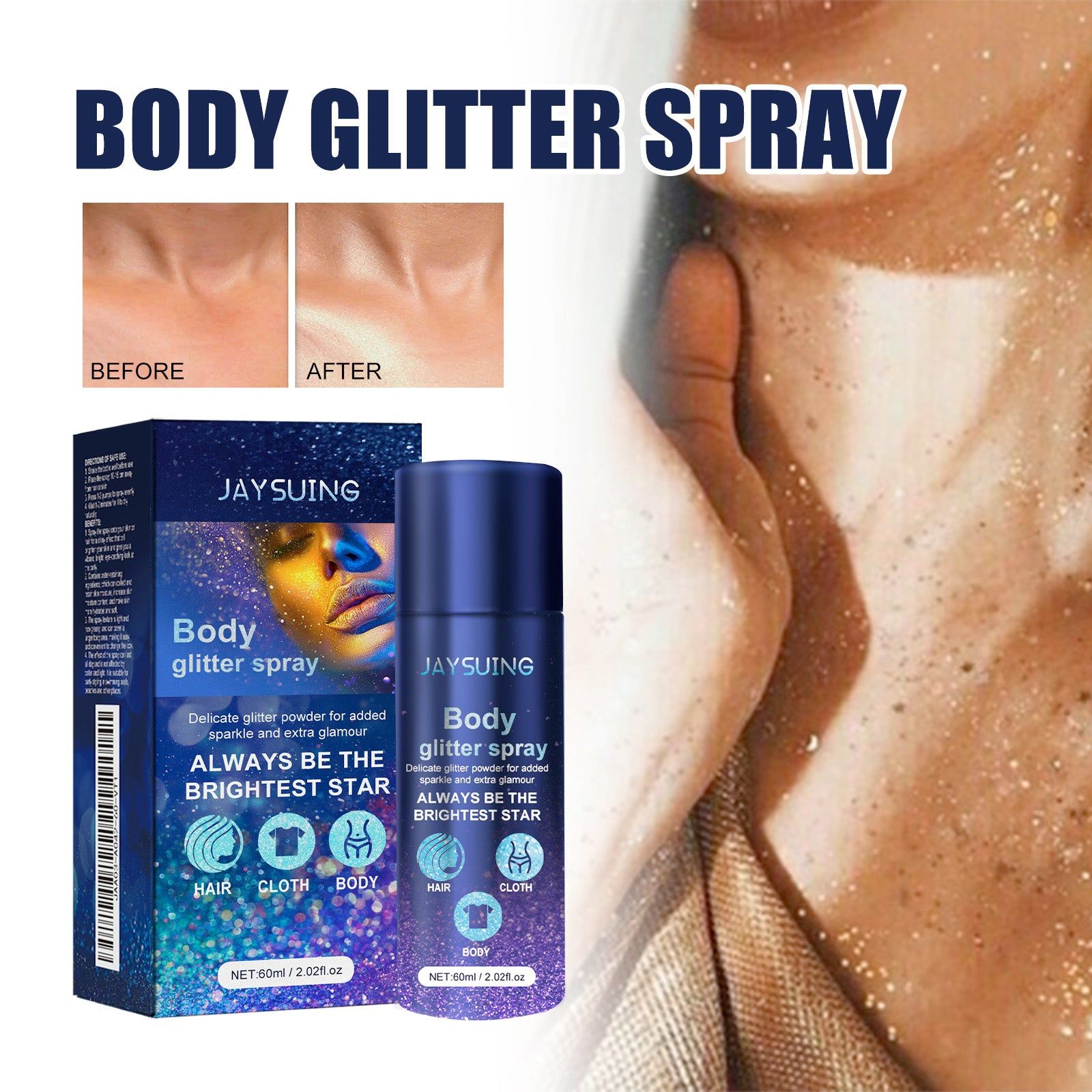 Body Shine Glitter Spray, Party Glow Highlighter, Vibrant Skin & Hair ,60ml