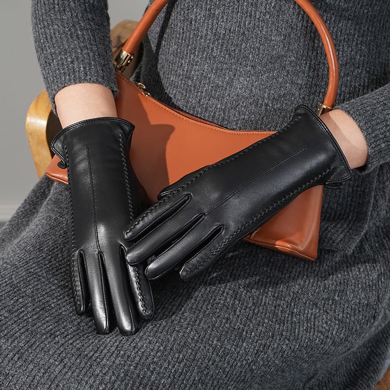 Women Color Leather Gloves Striped Style Winter Warm Gloves