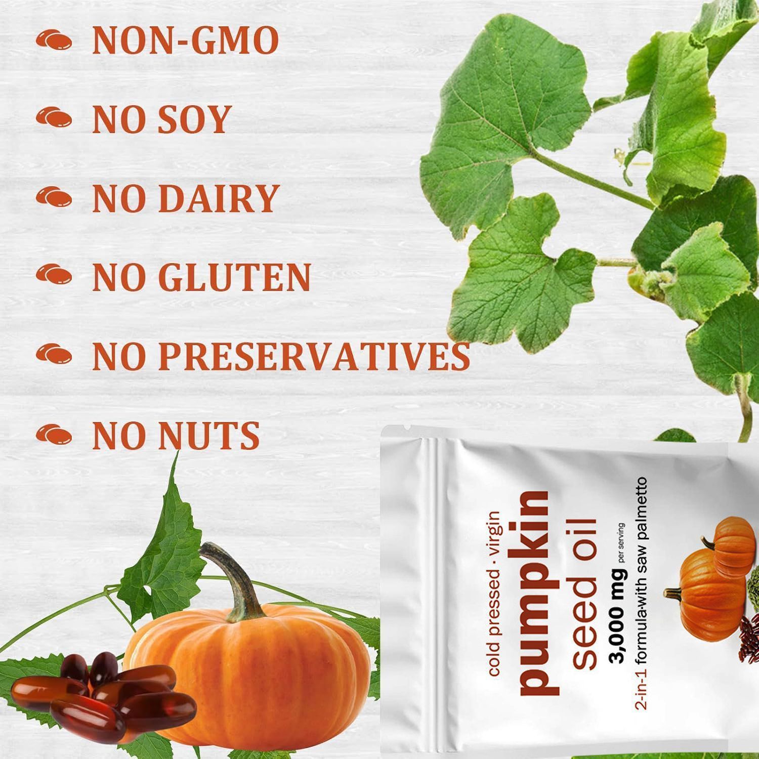 3000mg Pumpkin Seed Oil with Saw Palmetto, Cold-Pressed 2-in-1 Supplement, 180 Softgels Non-GMO Gluten-Free