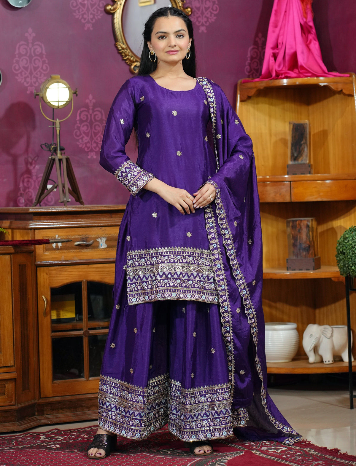 Fab Zone Women's Designer Chinon Sharara Suit With Sequin Work