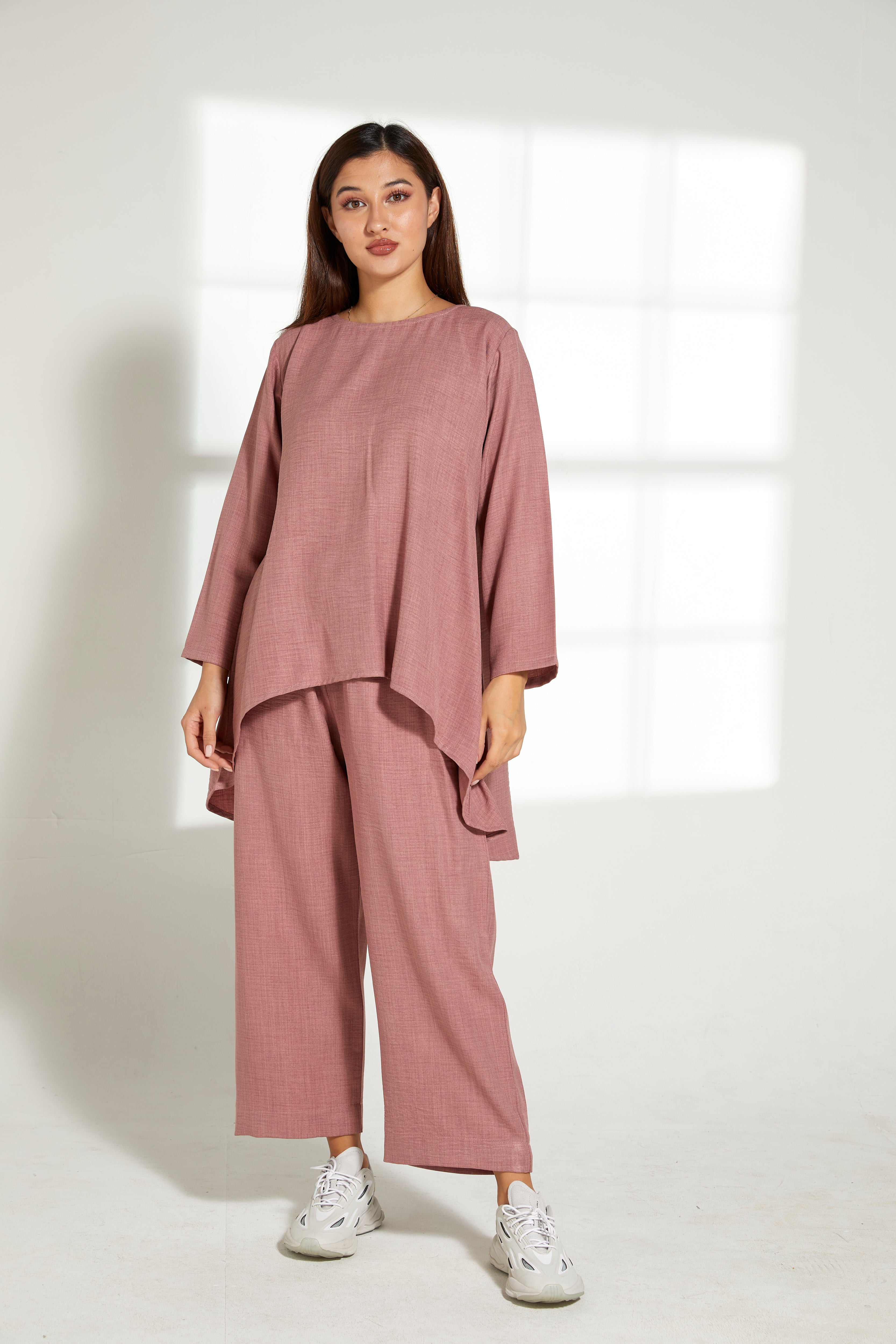 MOiSTREET Pink CEY Mélange Fabric Top And Pants Set