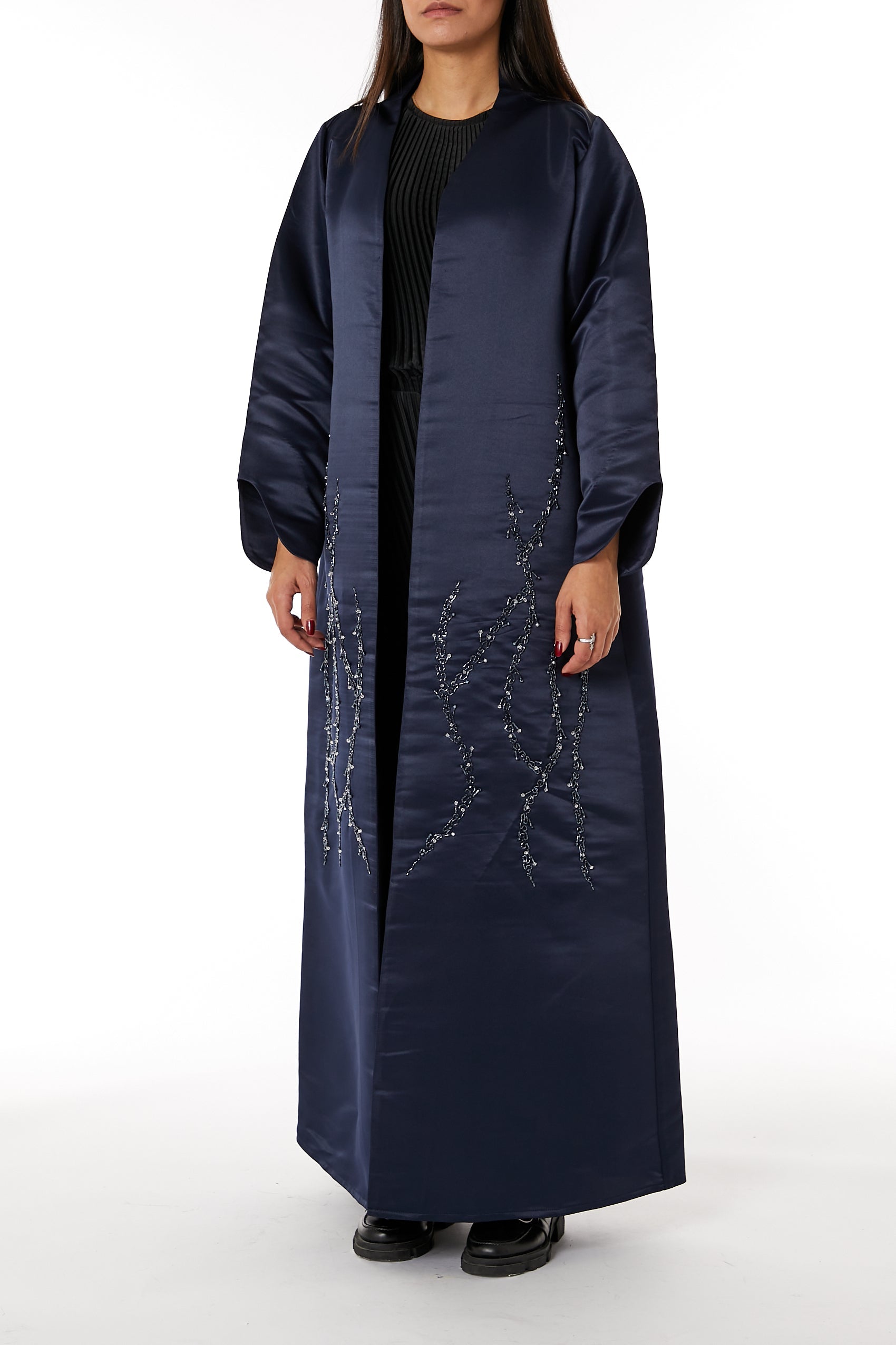 MOiSTREET Navy Bridal Satin Embroidered Open Abaya