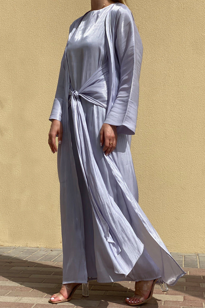 MOiSTREET Rotana Shimmer Lavender Grey Abaya Set Comes With 3 Piece