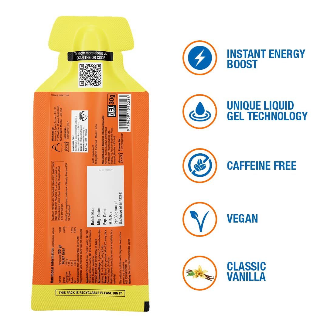 جل الطاقة Fast&up - طاقة فورية (عبوة من 5 قطع) - فانيليا كلاسيكية