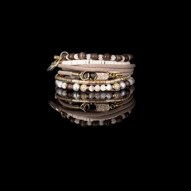 The Dark Ivory & Mocha Beaded Bracelet Stack Gold Compass Charm