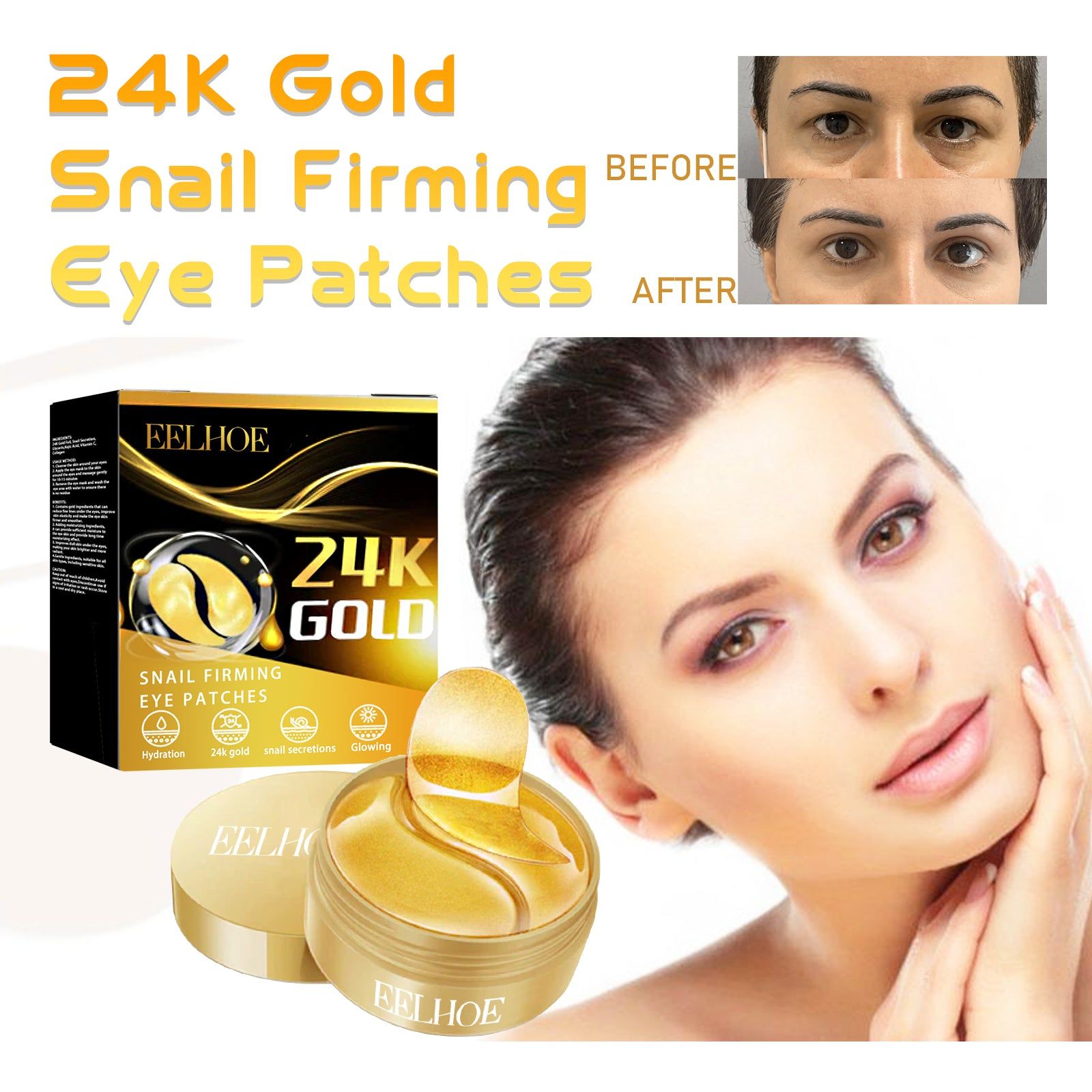 24K Gold Snail Eye Patches, Lift and Tighten Skin, Reduce Wrinkles, Brighten Eyes ,60pcs