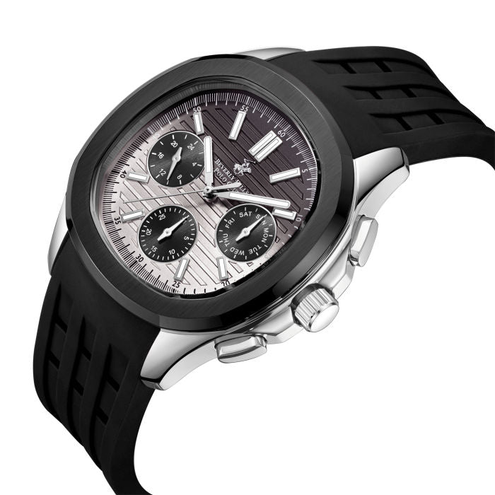 Beverly Hills Polo Club Men’s Analog Watch, 42mm Stainless Steel Case, Gray Dial, Rubber Strap, 50M Water Resistant, BP3211X.361