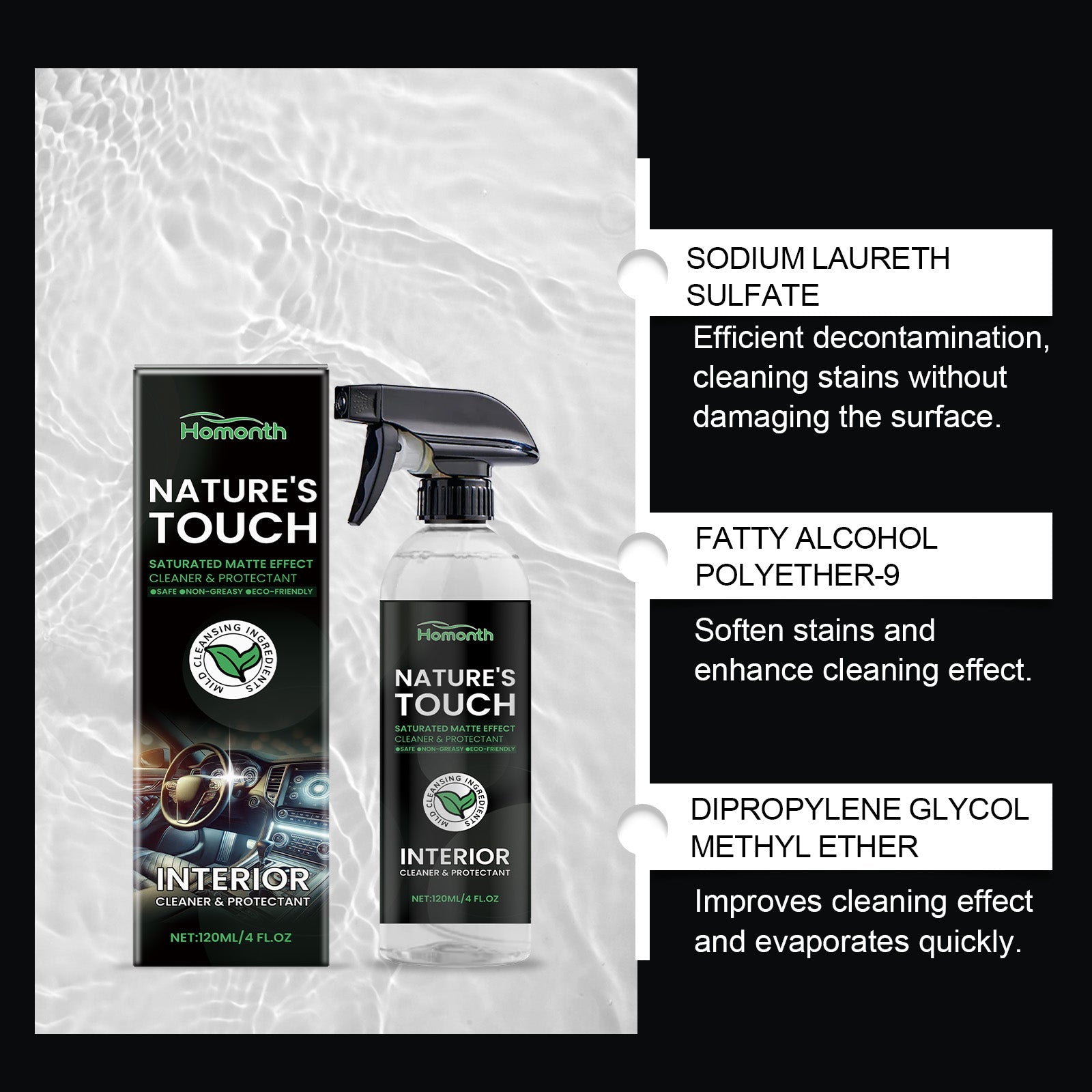 Car Interior Cleaner, Deep Cleaning, Eco-Friendly, Non-Irritating, Restores Shine ,120ml