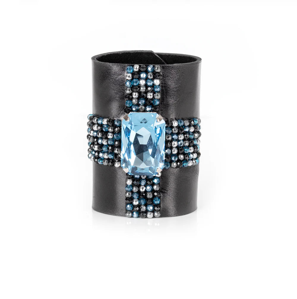 The Dark Black Leather Crystal Cuff Bracelet Ice Blue Cross Stone