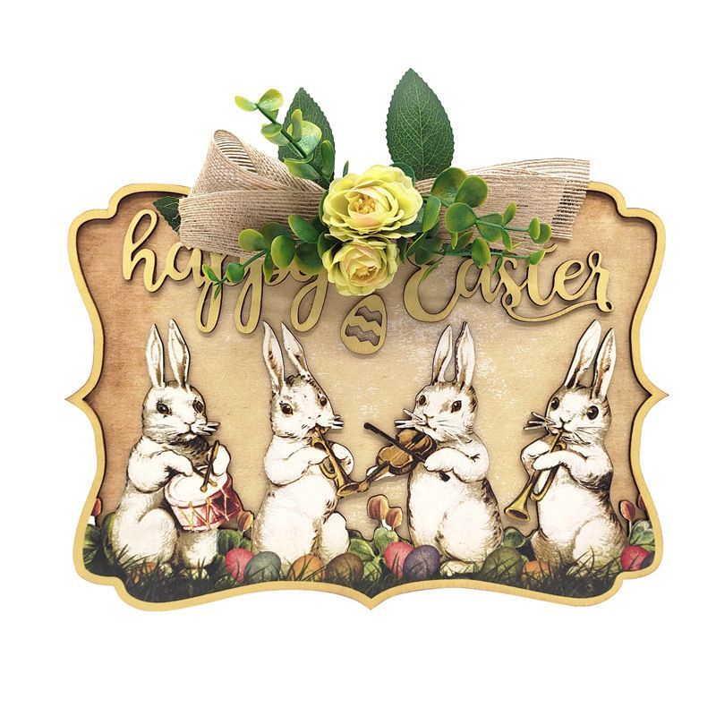 Easter Bunny Door Sign Wooden Decorative Wreath Door Hanging Sign Gifts