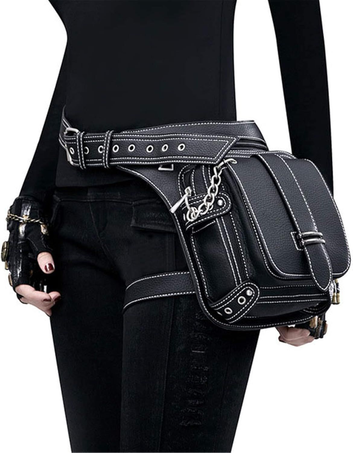 Waist Bag Leather Steampunk Travel Wallet Punk Rock Chain Leg Messenger Bag Shoulder Hip Holster Bag
