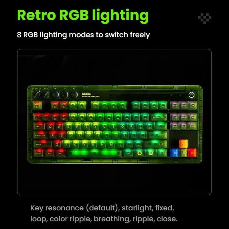 8BitDo Retro87 Mechanical Keyboard With Large Keys Green Transparent Keyboard