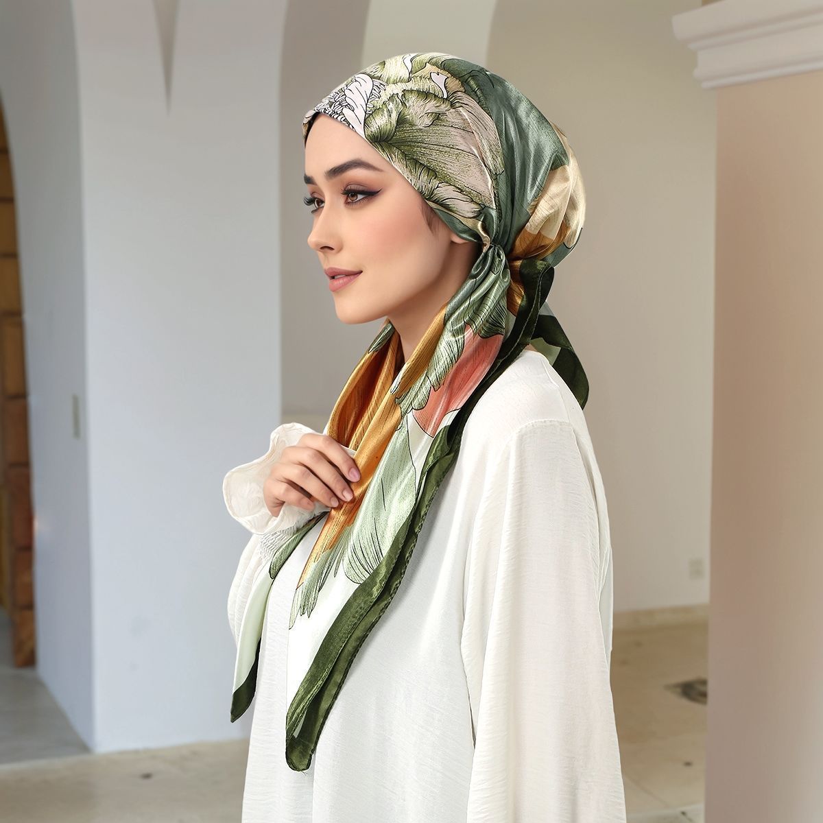 Green Satin Printed Hijab Scarf Silk-Like Square Head Wrap