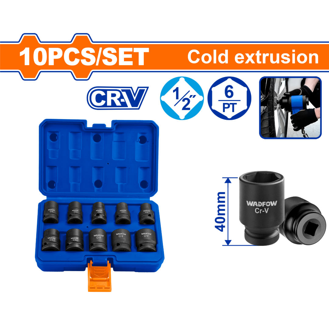 مجموعة مفكات عميقة WADFOW 10 قطع 1/2 بوصة، 10/12/13/14/15/17/19/21/22/24 مم، L 78 مم، Cr-V