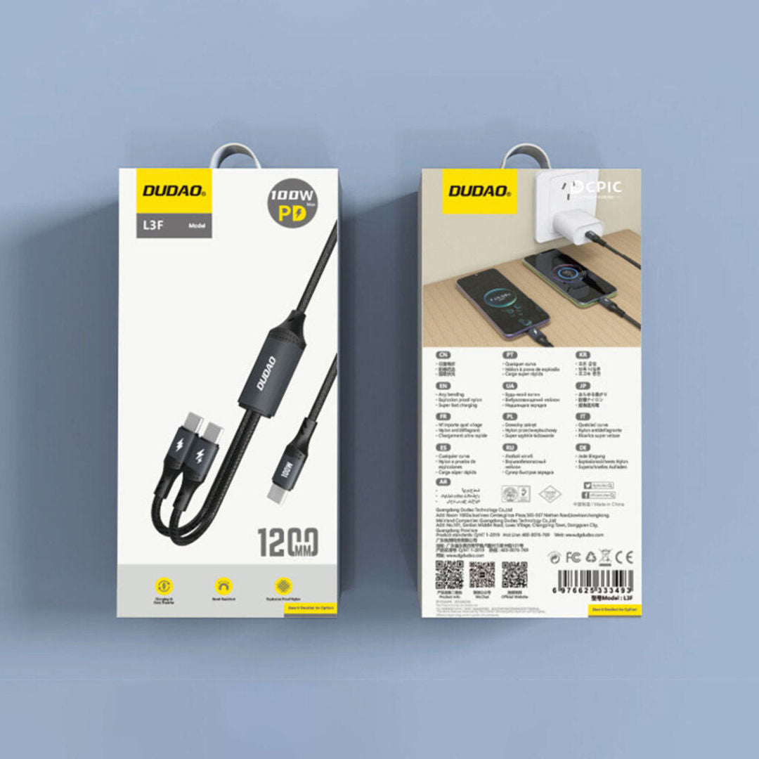 DUDAO L3F-B 2in1 Cable USB-C to 2xUSB-C PD100W, 1.2m, Black