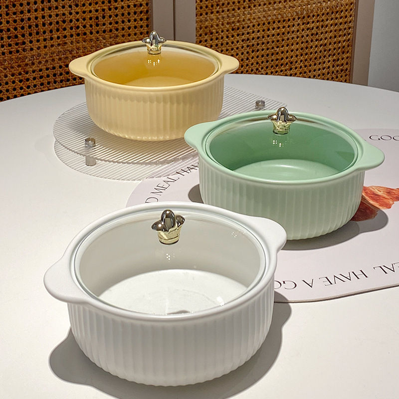 Charming Ribbed Ceramic Serving Bowls with Lids (Yellow)