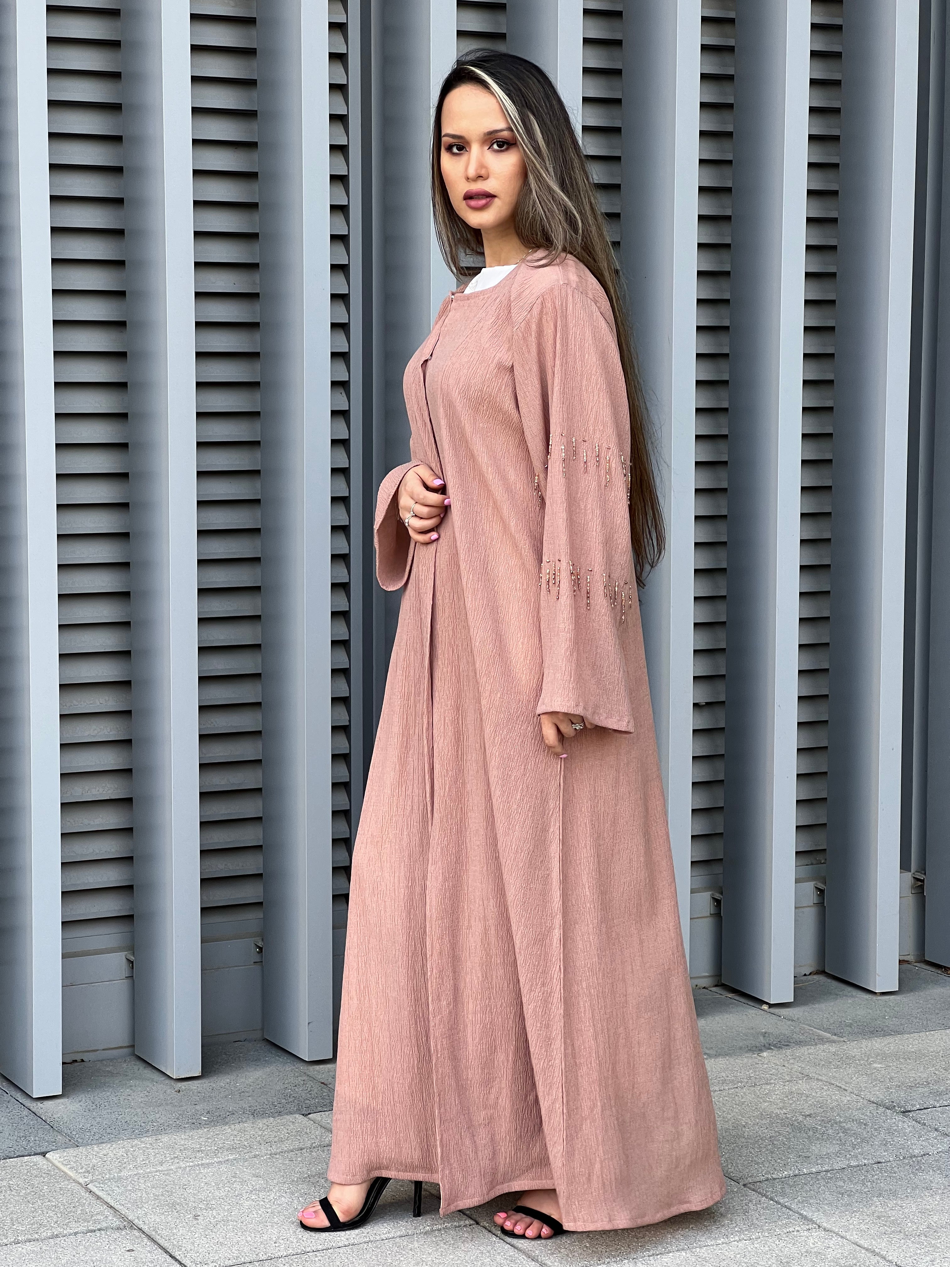 MOiSTREET Mandys Pink Fukroo Embroidery Abaya