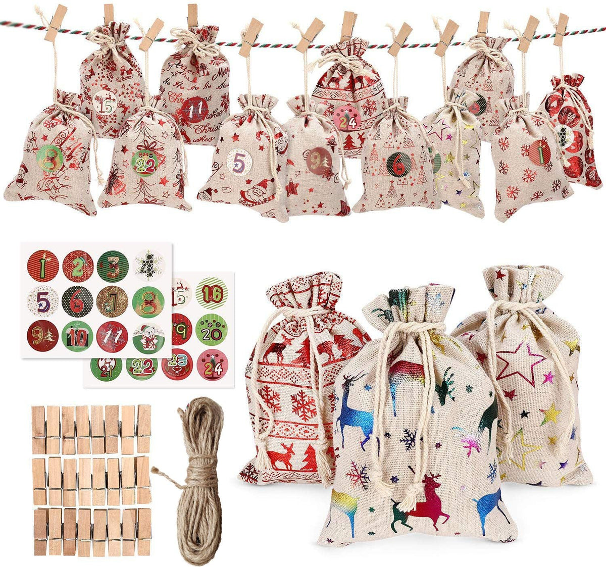 Christmas Advent Calendar Bags Set 24 Days Hanging Candy Gift Bag Xmas Countdown Decor