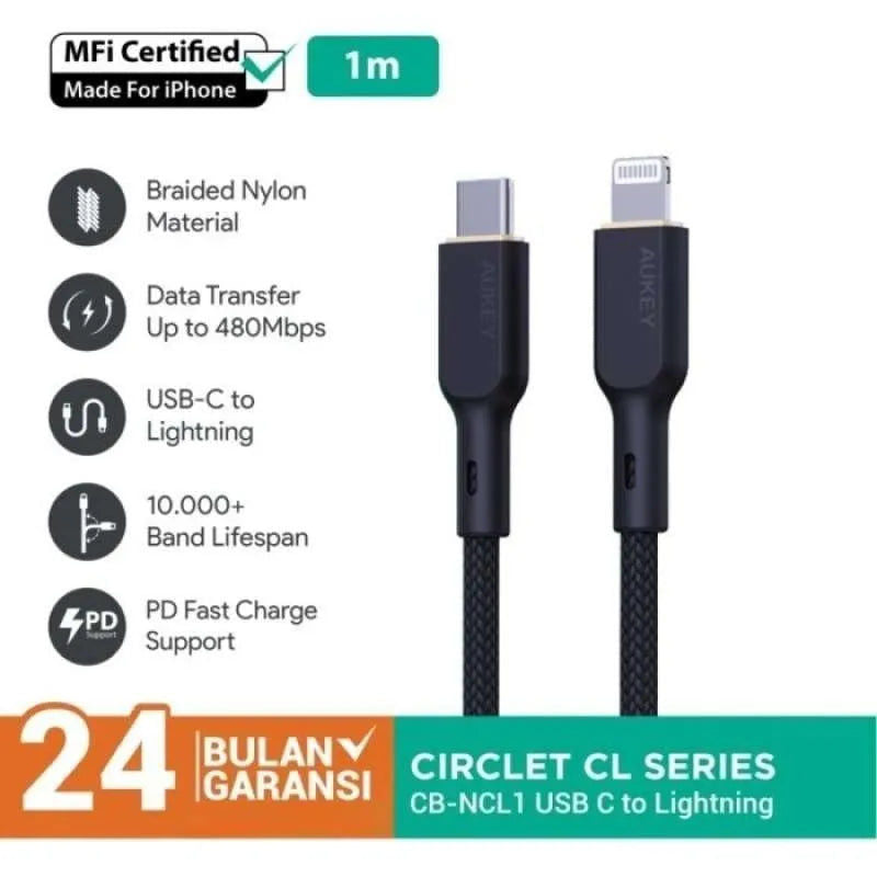 Aukey CB-NCL1 Nylon Braided USB C to Lightning Cable 1m - Black