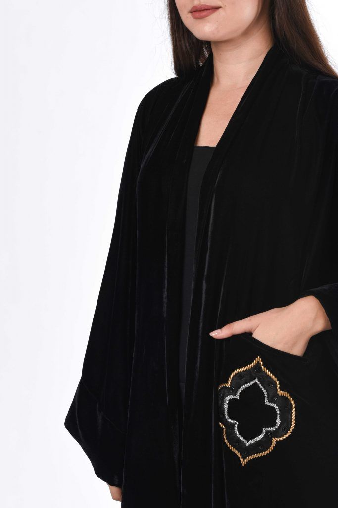 MOiSTREET Black Velvet Abaya with Hand Embroidery