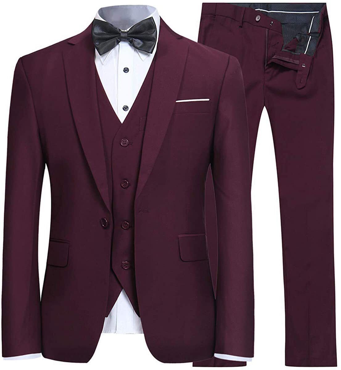 Suit Maroon Coat pant Vest tuxedo Slim Fit Suit For Men Blazer Jacket