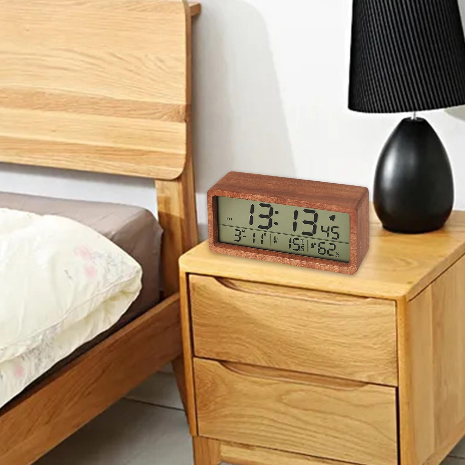 Wood Alarm Clock Humidity Temperature Portable Snooze Bedside Kids Room Table Clocks