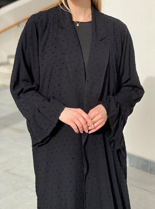 MOiSTREET Linen Black Textured with Pleated Sleeves Abaya Set with Under Dress & Sheila