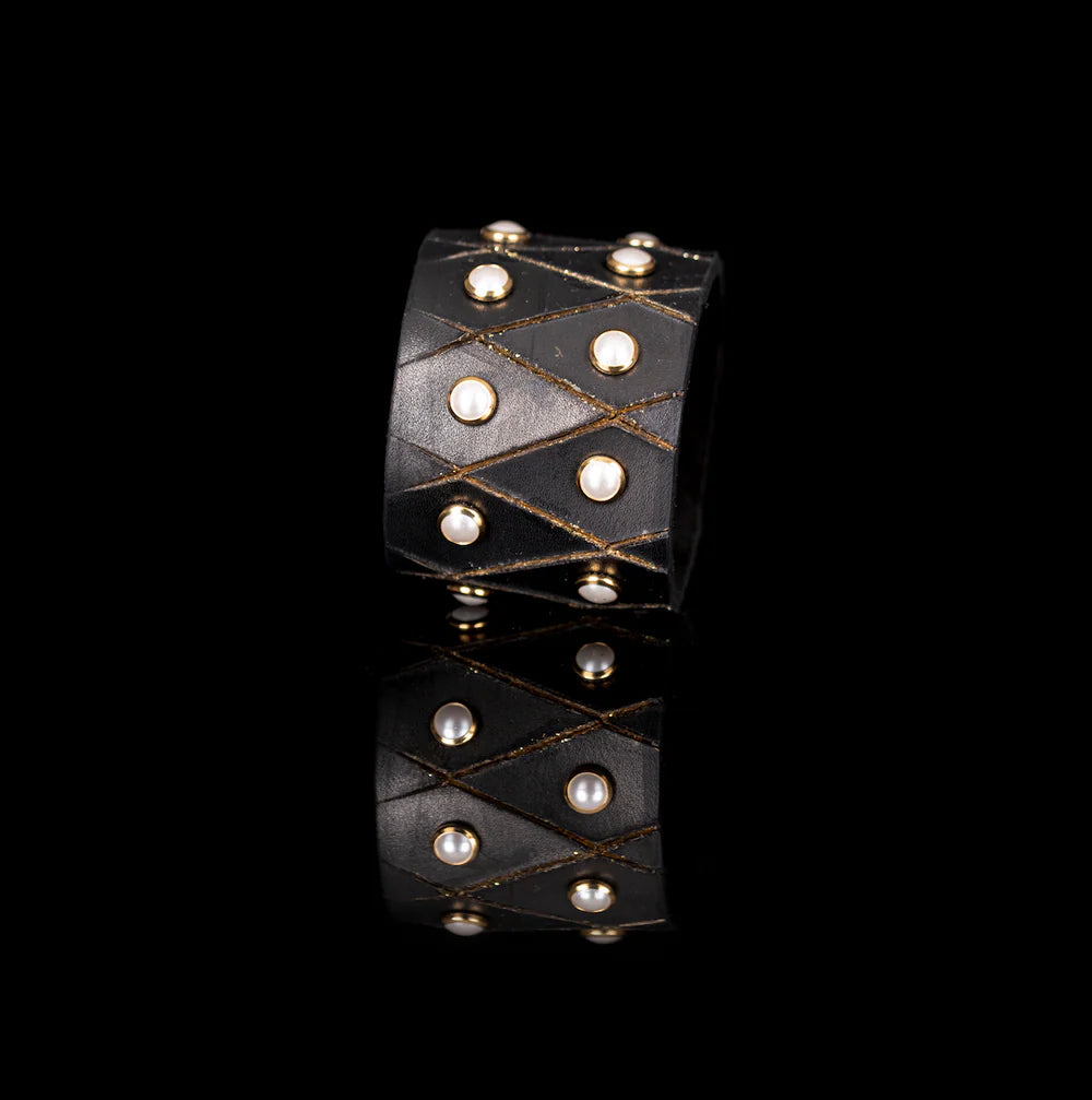The Dark Black Leather Geometric Studded Cuff Bracelet with Pearl Accents
