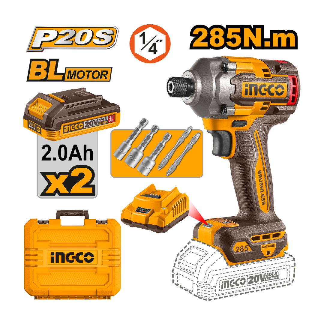 INGCO 20V Brushless Cordless Impact Driver Kit, 285 Nm, 1/4″ Hex, 2×2.0Ah Batteries, Bits & Case