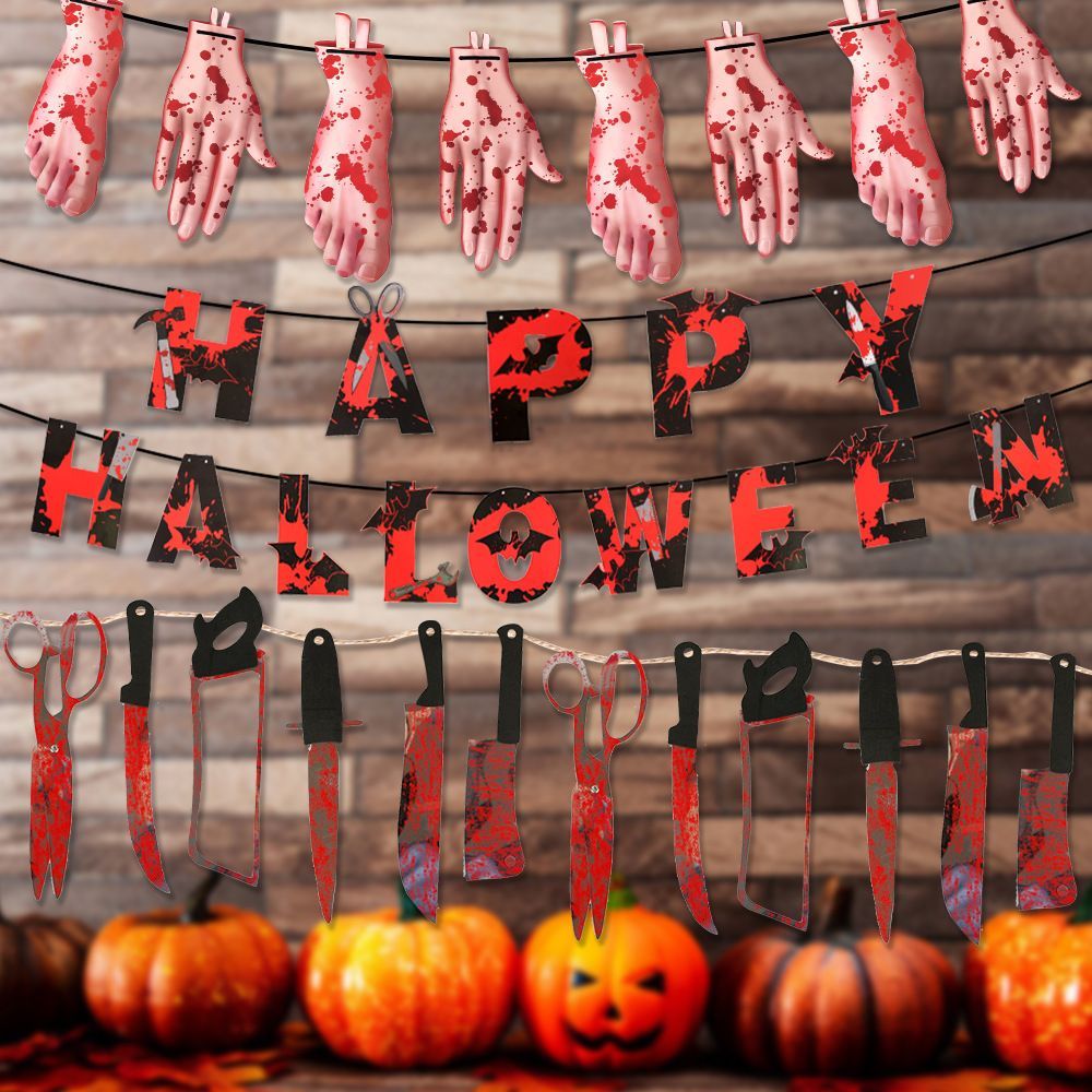 3pcs Halloween Paper Banner Bloody Scary Hanging Decoration Party Supplies