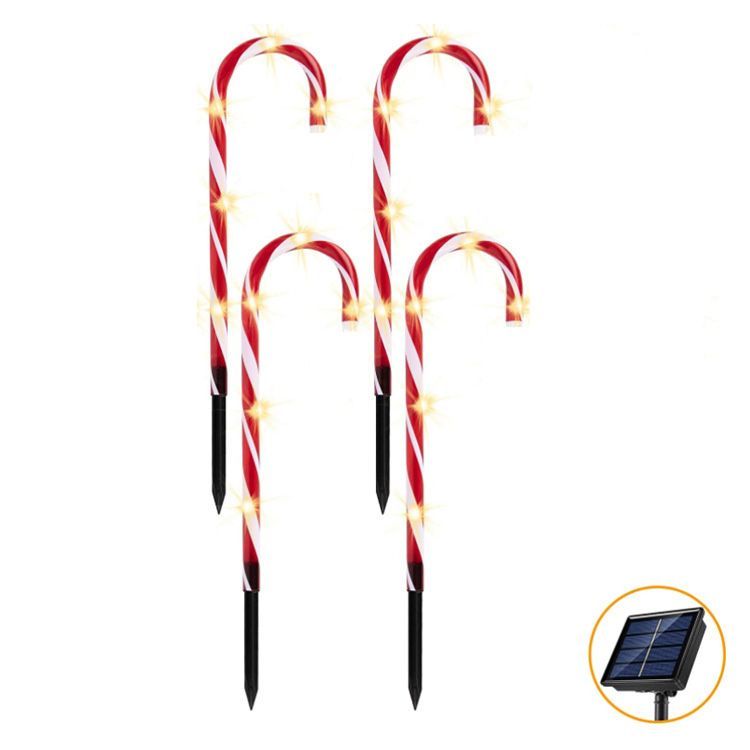 4 Pack Christmas Solar Candy Cane Lights Pathway Markers With Stake Holiday Decoration