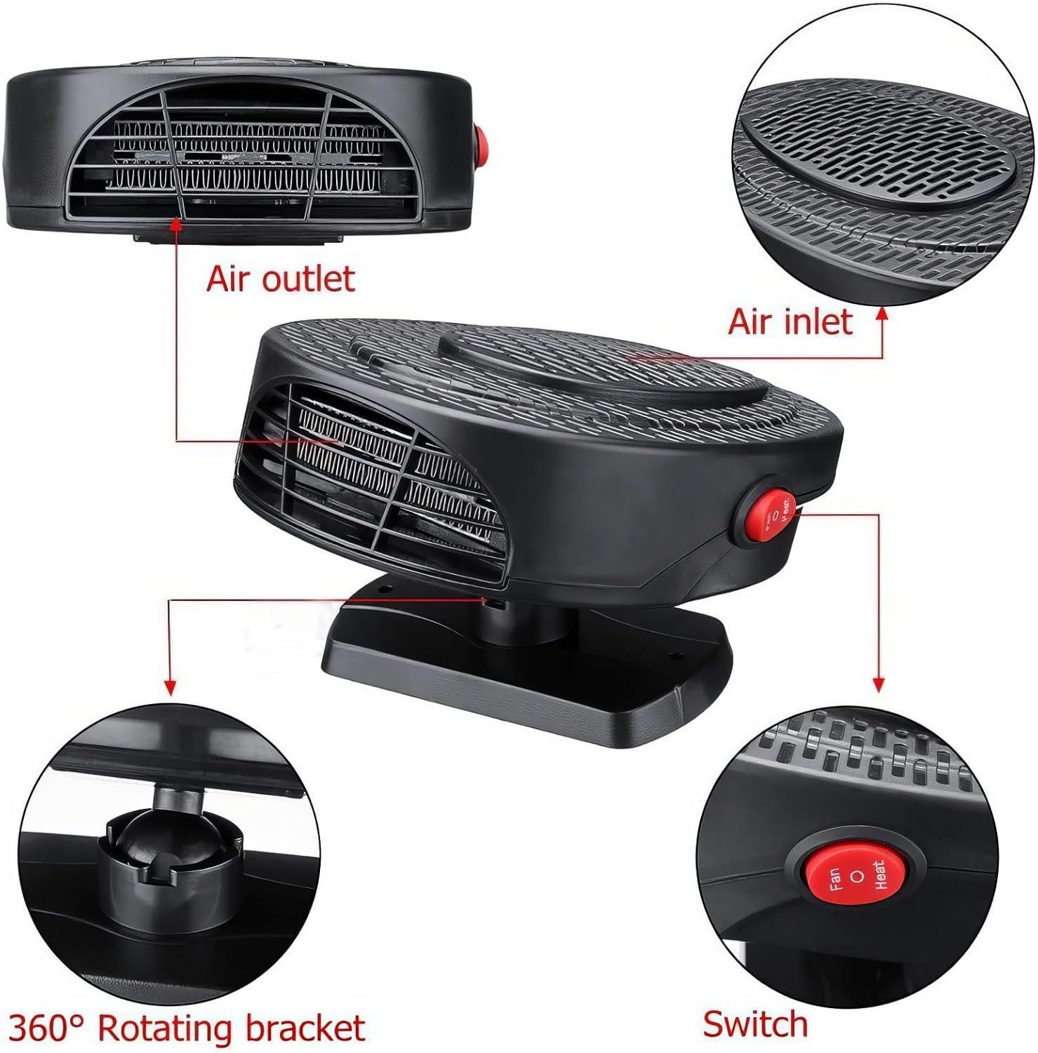 Car Heater 12V Car Fan Heater Rotatable Stand Fast Heating Defrost Defogger Demister
