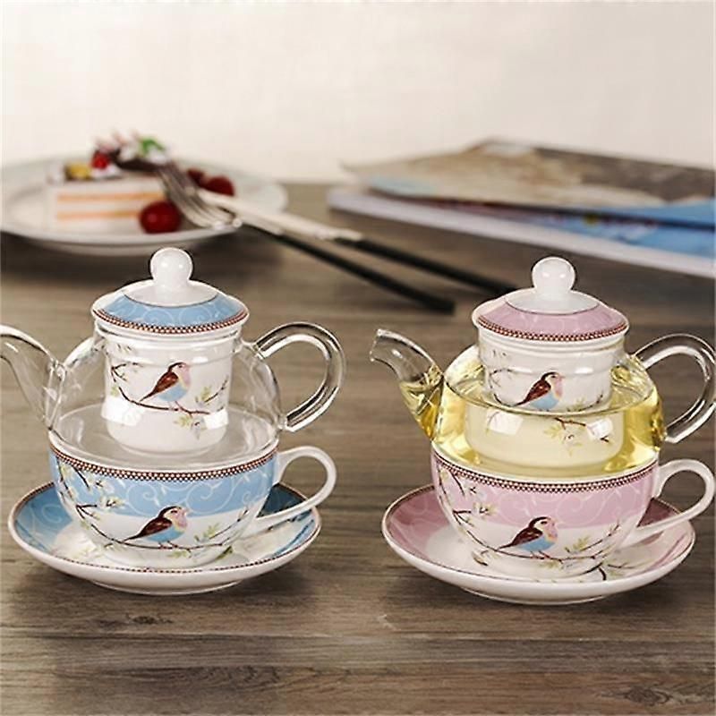 Ceramic Flower Teapot Flower Bird Cup Saucer Heat-Resistant Glass Pot Set Coffee Cup Afternoon Tea Tea Set Pink
