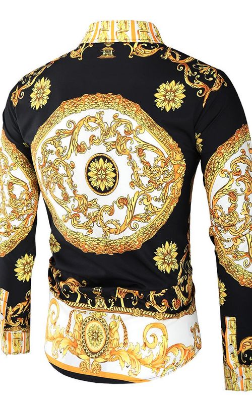 Men Royal Shirt Print Lapel Luxury Slim Shirt Business Long Sleeve Fit Tops For Party Prom