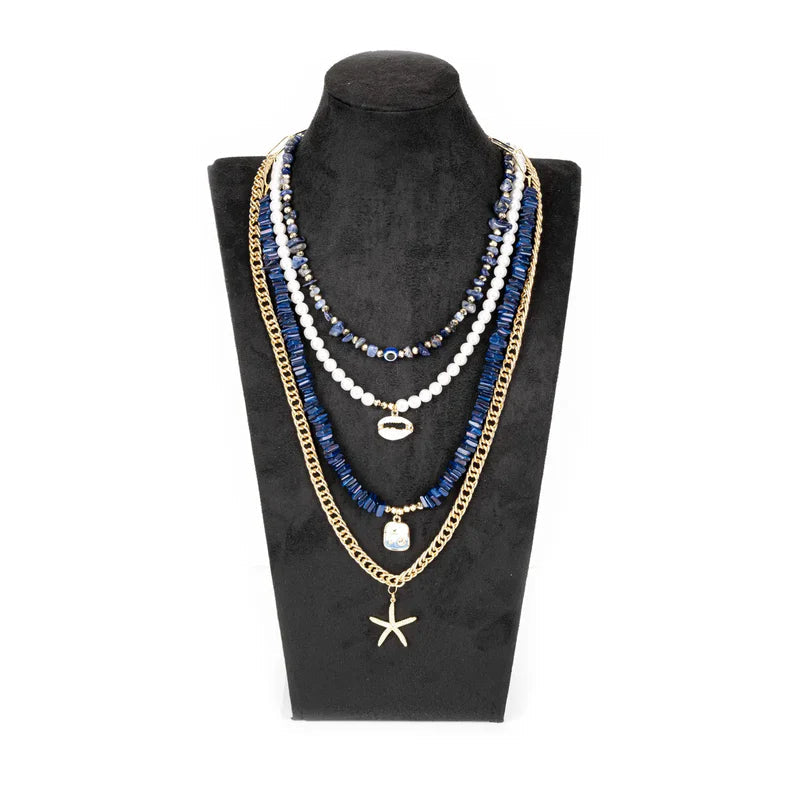 The Dark Layered Blue Beaded Necklace Set with Evil Eye & Starfish Charm Sale price