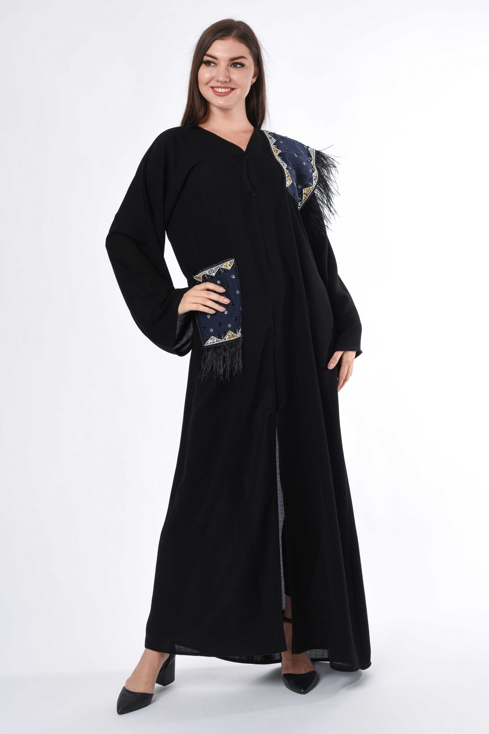 MOiSTREET Black Abaya with Patchwork and Feather Detail