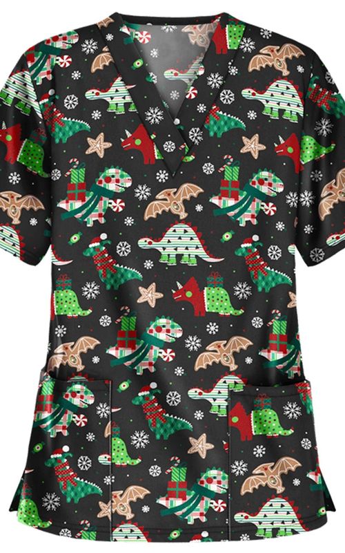 Christmas Nurse Uniform Women V neck Print T shirt Casual Short Sleeve Pocket Tops