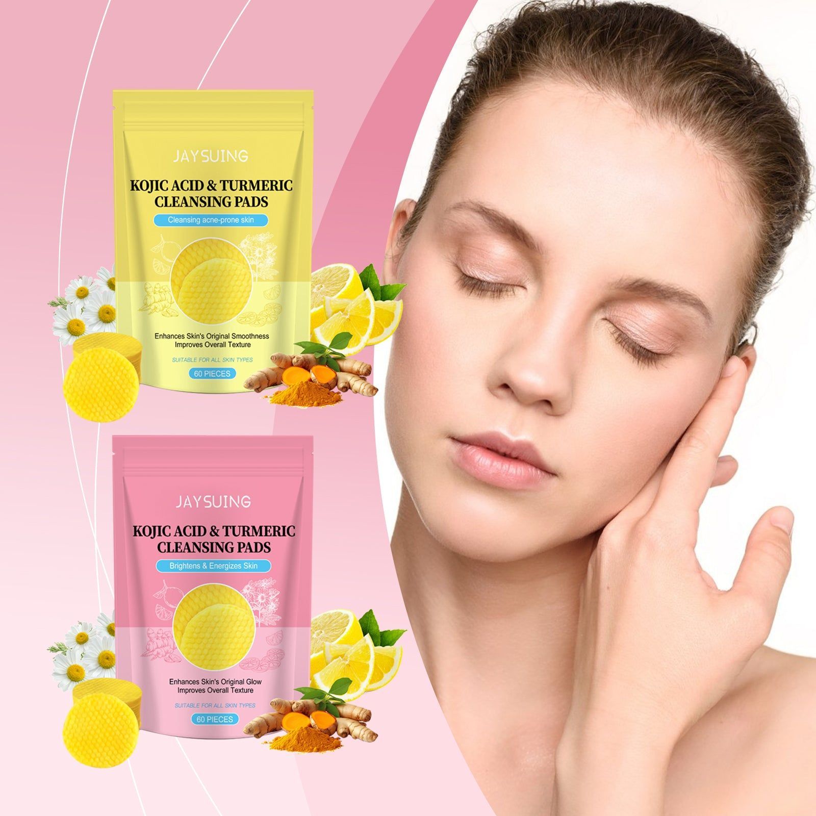Brightening Facial Cleansing Cotton Pads with Kojic Acid, Turmeric, Vitamin C, Gentle Skin Brightening and Moisturizing ,60Pcs